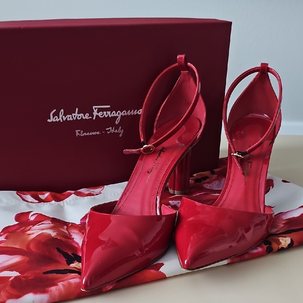 Salvatore Ferragamo Patent Red Sorano Heels